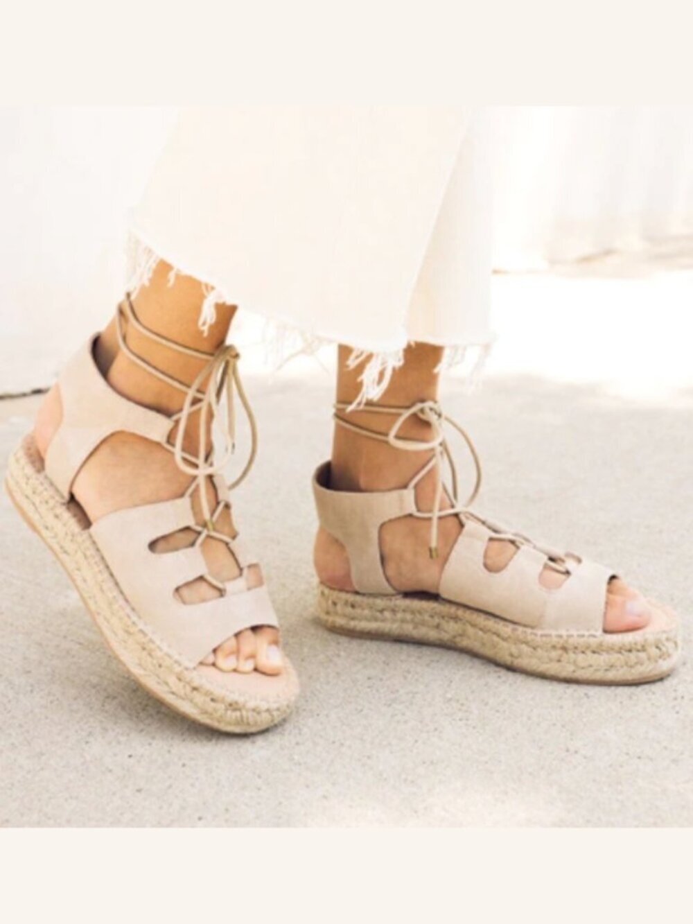 Soludos Sedona Ghillie Espadrille Nude Suede Boho Lace-Up Sandals Womens Size 9